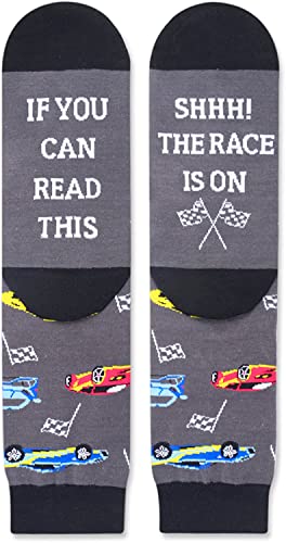 Fun Racing Car Socks for Men Who Love Racing Car, Novelty Racing Car Gifts,Men Gag Gifts, Gifts for Racing Car Lovers, Funny Sayings If You Can Read This, The Race Is On Socks