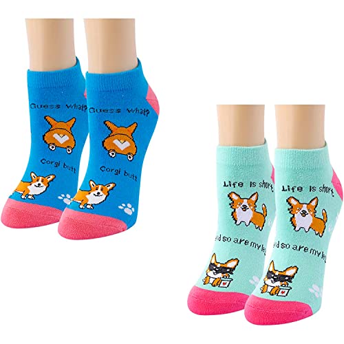 Women's Cute Low Cut Ankle Thick Crew Unique Corgi Socks Gifts-2 Pack