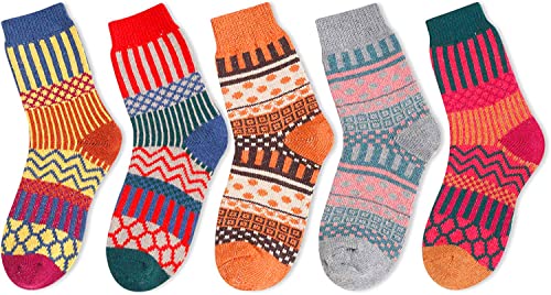 5 Pairs Women Wool Socks, Warm Socks Cabin Socks Nordic Socks, Vintage Socks, Thick Knit Cozy Winter Socks for Women Gifts for Her