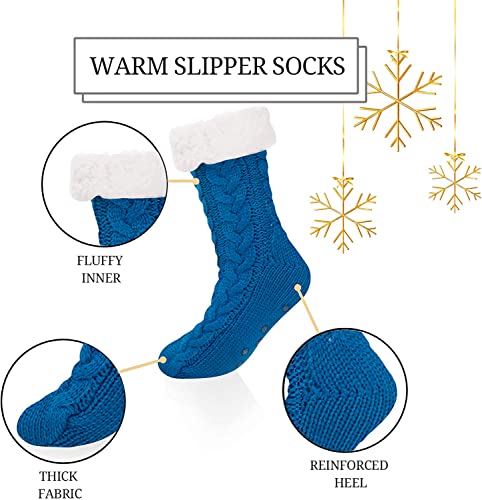 Fuzzy Slipper Fluffy Socks with Grips for Women Girls, Winter Cabin Warm Comfy Sherpa Plush House Socks Dark Blue Socks