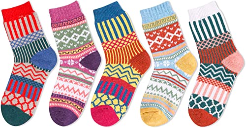 5 Pairs Women Wool Socks, Warm Cabin Nordic Socks, Vintage Socks, Thick Knit Cozy Winter Socks for Women Gifts for Her