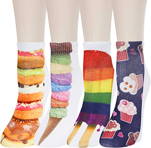 3D Socks Women, Funny Print Food Socks Gifts for Food Lovers, Novelty Donut Cookie Ice Cream Socks, Low Cut Socks for Women 8 Pack