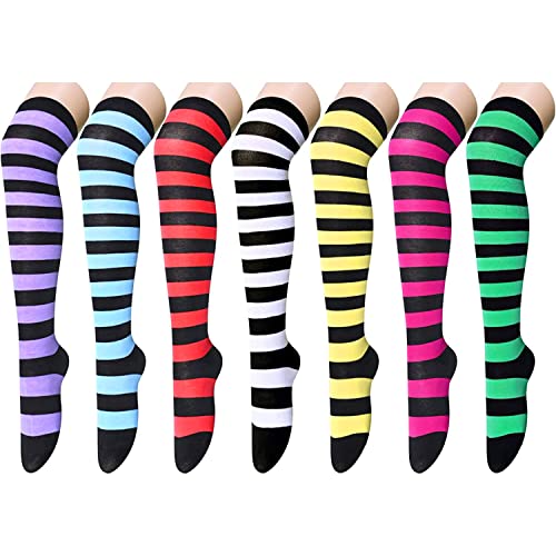 7 Pair Striped Thigh High Socks, Knee High Socks for Women Teen Girls, School Socks, Long Socks Over the Knee Socks