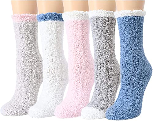 Fuzzy Anti-Slip Socks for Women Girls, Non Slip Slipper Socks with Grippers, Fluffy Socks Fuzzy Socks 5 Pairs
