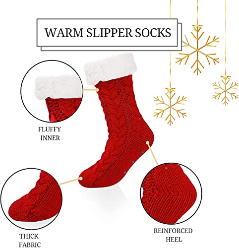 Fuzzy Slipper Fluffy Socks with Grips for Women Girls, Winter Cabin Warm Comfy Sherpa Plush House Socks Red Socks