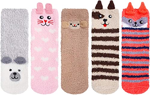 Women's Fuzzy Cartoon Pattern Socks Gifts for Animal Lovers-5 Pack