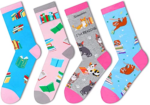 Women's Crazy Warm Unique Book Socks Gifts for Students-4 Pack