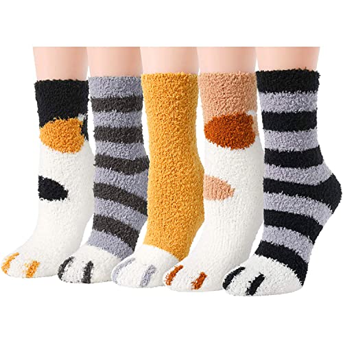 5 Pack Gifts for Women Cat Paw Fuzzy Slipper Socks Warm Cozy Cat Paw Socks, Anniversary Gift, Gift For Her, Gift For Wife