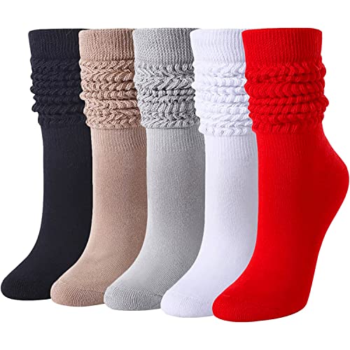 Fashion Vintage 80s Gifts, 90s Gifts, Fun Cute Colorful Slouch Socks for Women Girls, Scrunch Socks Women, Cotton Long High Tube Socks, Extra Tall and Heavy Socks 5 Pairs