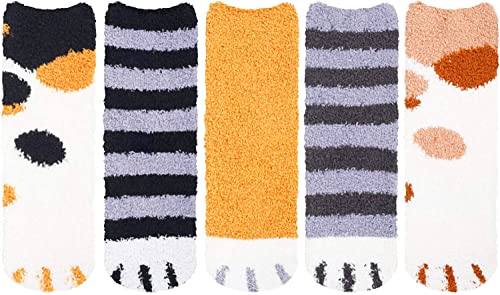 5 Pack Gifts for Women Cat Paw Fuzzy Slipper Socks Warm Cozy Cat Paw S –  Happypop