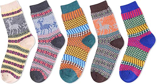 5 Pairs Wool Socks for Women, Warm Socks Cabin Socks Nordic Socks, Vintage Socks, Thick Knit Cozy Winter Socks Gifts for Women