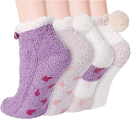 Fuzzy Anti-Slip Socks, Non Slip Socks, Fluffy Slipper Socks for Women Girls with Grippers, Cozy Gifts for Her 4 Pairs