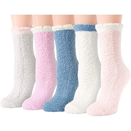 Women's Funny Fuzzy Fluffy Slipper Softest Solid Color Socks Gifts-5 Pack