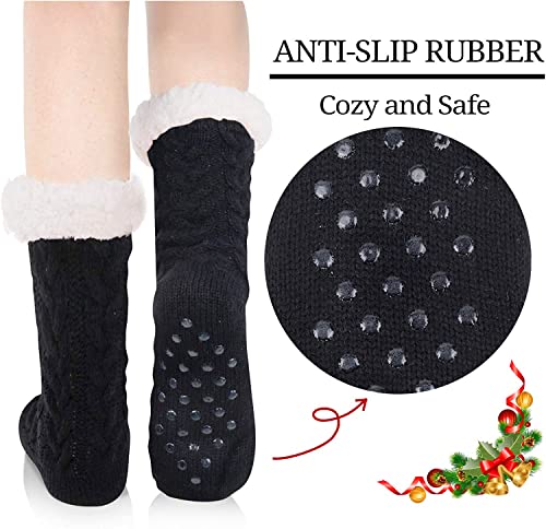 Fuzzy Slipper Fluffy Socks with Grips for Women Girls, Winter Cabin Warm Comfy Sherpa Plush House Socks Black Socks