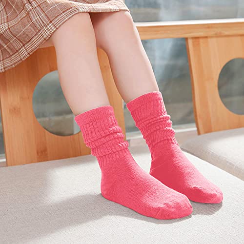 Little Girls Long Socks, Cute Slouch Socks for Girls, Kids Cotton Crew Socks, Scrunch School Socks, Gifts for Girls 6-8 Years Red Yellow Purple Pink