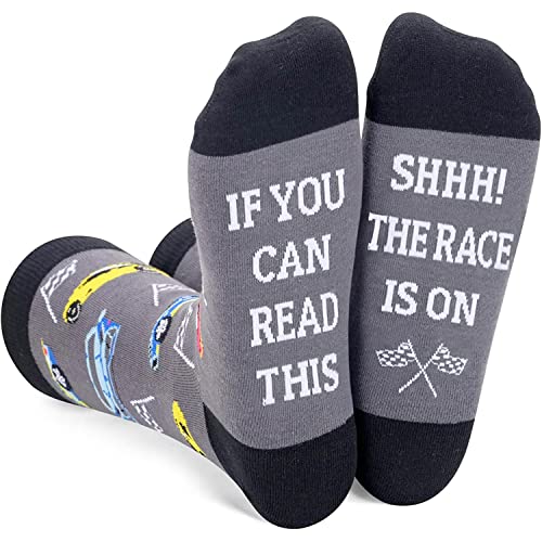 Fun Racing Car Socks for Men Who Love Racing Car, Novelty Racing Car Gifts,Men Gag Gifts, Gifts for Racing Car Lovers, Funny Sayings If You Can Read This, The Race Is On Socks