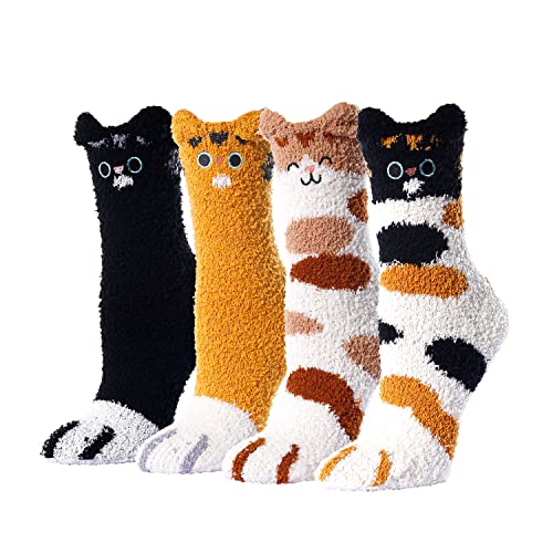 4 Pack Women Socks Winter Wool Sock Gifts for Women Soft Warm Thick Cozy Animal Paw Socks