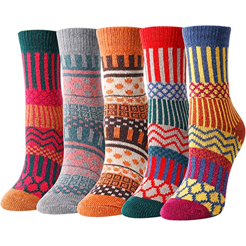 5 Pairs Women Wool Socks, Warm Socks Cabin Socks Nordic Socks, Vintage Socks, Thick Knit Cozy Winter Socks for Women Gifts for Her