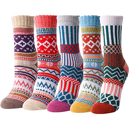 5 Pairs Women Wool Socks, Warm Cabin Nordic Socks, Vintage Socks, Thick Knit Cozy Socks Winter Socks for Women Gifts